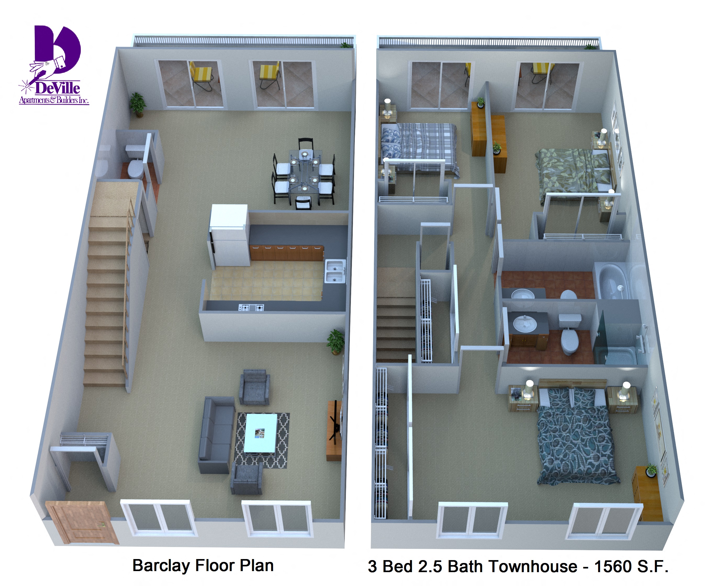 Floor plan for 3 beds, 2.5 baths, 1560 sqft